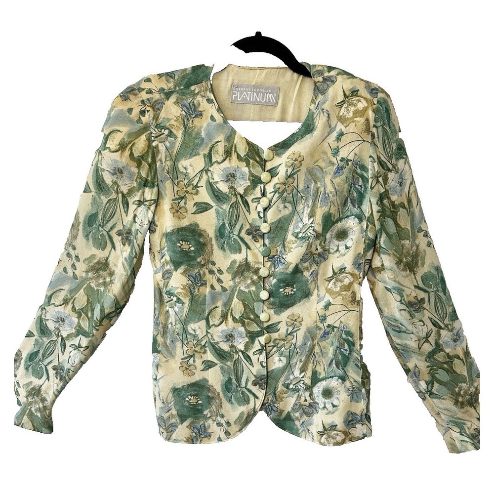 VTG Platinum Dorothy Schoelen Jacket Blazer Top‎ Womens Green Floral